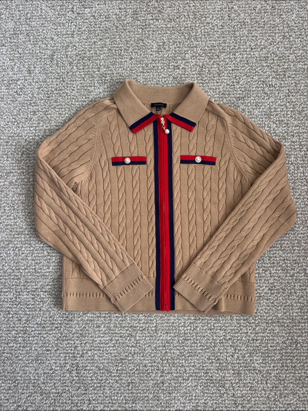 Talk Tan Cable-Knit Zip Polo Sweater with Red & Navy Trim
